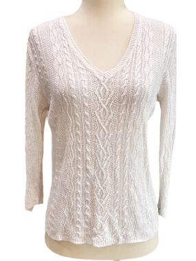 V-Neck Cable Knit Women's Sweater - White 100% Linen Lauren Ralph Lauren 3/4